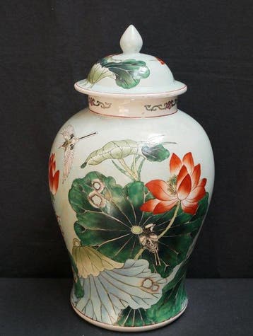 dekselvaas - Porselein, 50 cm - handbeschilderde emaille