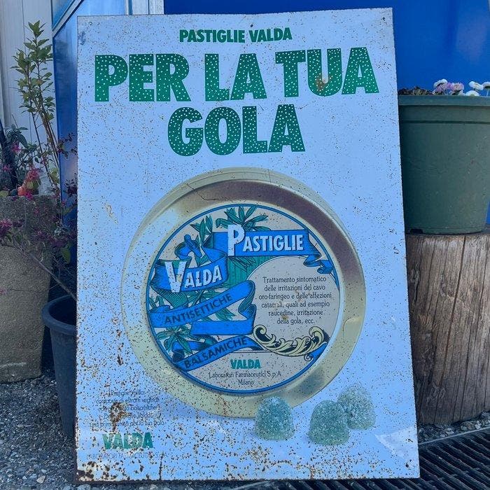 Pastiglie Valda - grote metalen reclamebord - Reclamebord -, Antiek en Kunst, Antiek | Wandborden en Tegels