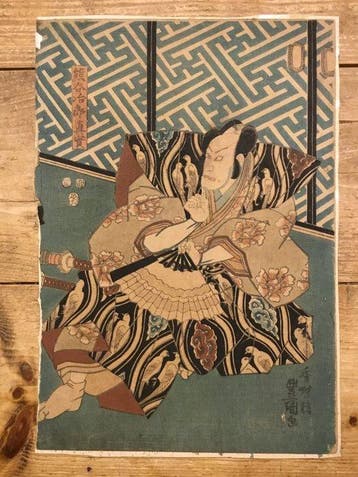 Antieke Japanse tweeluik houtblok prent met afbeelding van, Antiek en Kunst