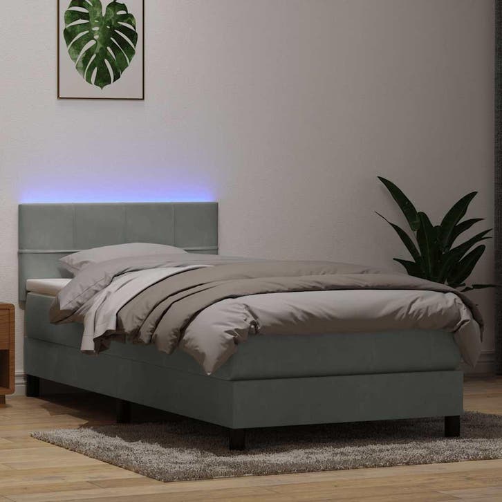 vidaXL Boxspring met matras en LED fluweel lichtgrijs 90x210, Maison & Meubles, Chambre à coucher | Lits, Envoi