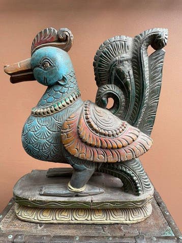 Polychroom handgesneden Zuid-Indische Hamsa / Annapakshi
