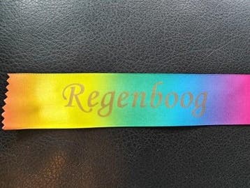 Bedrukt lint regenboog kleurrijk met gouden opdruk 38 mm 50