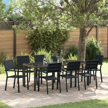 vidaXL Tuin Eettafel Set 9 st Zwart Gepoedercoat staal, Tuin en Terras, Verzenden, Nieuw