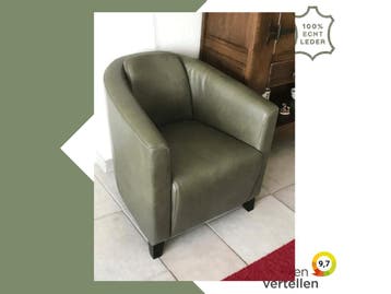 Groene leren fauteuil met houten poten, Huis en Inrichting, Ophalen of Verzenden, Nieuw