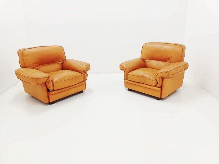 Zitgroep - Hout, Leder - Een paar vintage fauteuils., Antiek en Kunst, Kunst | Designobjecten
