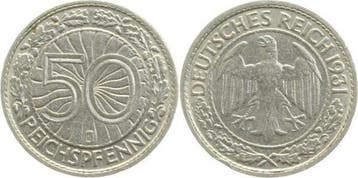 50 Pfennig Duitsland 50 Reichspfennig 1931 J ss/vz kl Ran..., Verzenden