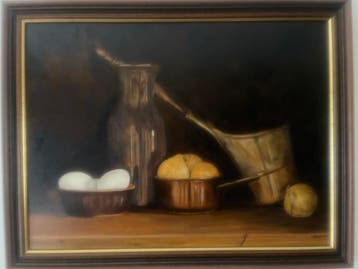 Frans Bleiji (1950-2022) - Pannen met potten eieren en uien, Antiek en Kunst