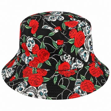 Bucket Hat Hoedje – Rozen Schedelprint – Zwart Rood, Kleding | Dames, Nieuw
