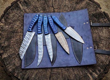 Multi purpose Hand Forged Damascus Chef set,6PC’s, Leather