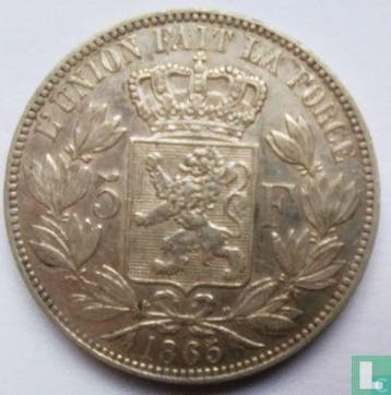 België 5 francs 1865 (Leopold I - zonder punt na F), Verzenden, Losse munt