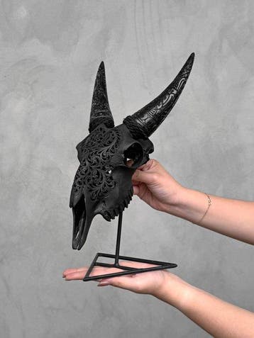 Sans prix de réserve - Crâne de chèvre noir sculpté à la, Antiquités & Art, Curiosités & Brocante