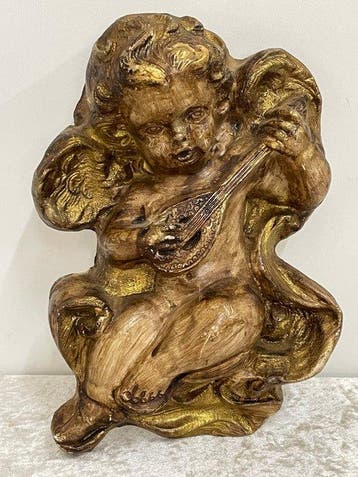 Figure - Engel met Mandoline - 23,5 cm - Plâtre, Antiquités & Art