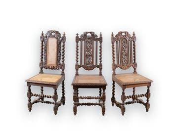 Unieke set van 3 Antieke Neo-Renaissance stoelen met