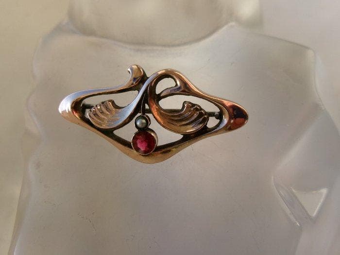 Goud gevuld, Zilver - Broche - Art Nouveau, Antiek en Kunst, Kunst | Designobjecten