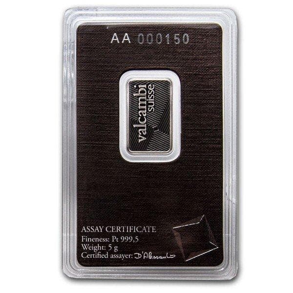 5 gram - Platina .999 - 5 Gram Valcambi Suisse Platinum Bar, Postzegels en Munten, Edelmetalen en Baren