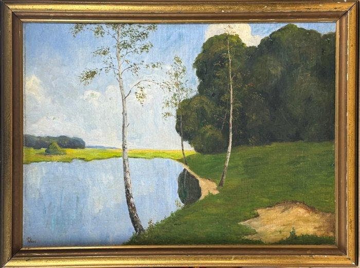 Martha Voss (1869-1935) - Paesaggio con betulla e stagno, Antiquités & Art, Art | Peinture | Classique
