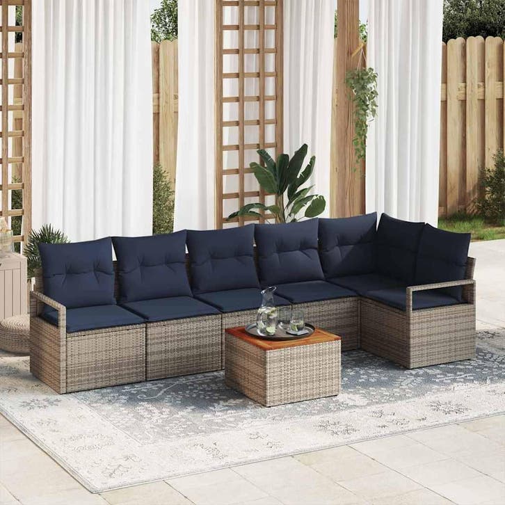 vidaXL Tuinbank Set met kussen 7 pcs Grijs poly rattan, Tuin en Terras, Tuinsets en Loungesets, Nieuw, Verzenden