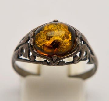 Barnsteen - 925-zilverring met oranje ovale cabochon - Ring, Collections, Minéraux & Fossiles