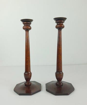 Kaarsenhouder - gedraaide hout met messing wandlampen - (2), Antiek en Kunst