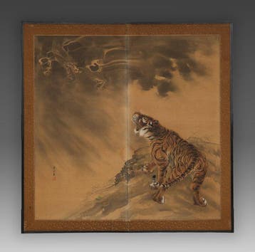 Vouwscherm met draak en tijger - Papier, Gelakt hout, zijde