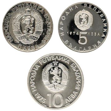 Bulgarije. 5 & 10 Leva 1972/1975 - Proof Coins (3 stuks)