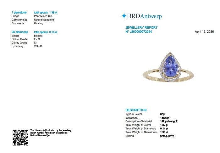 Bague - 14 carats Or jaune - 1.52ct. tw. Saphir - Diamant, Handtassen en Accessoires, Ringen