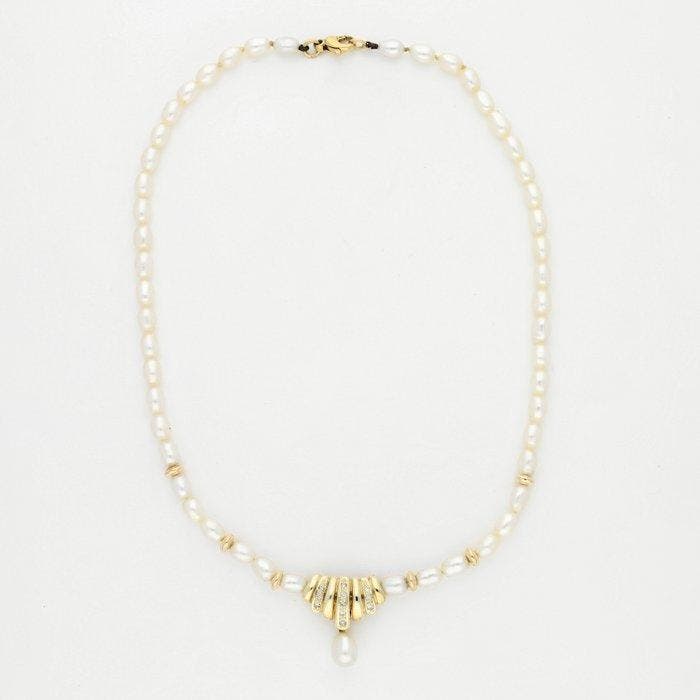 Halsketting - 14 karaat Geel goud - Diamant - Parel, Bijoux, Sacs & Beauté, Colliers