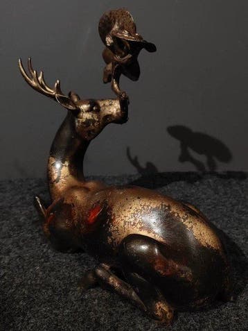 Statue, Lingzhi Sleeping Deer - 2411 cm - Cuivre, Antiquités & Art