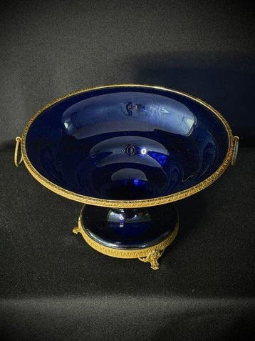 Tafelmiddenstuk - glas (kobaltblauw) - bronsplaat