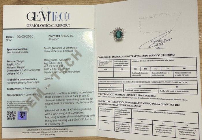 Ring - 18 karaat Witgoud Smaragd - Diamant, Handtassen en Accessoires, Ringen