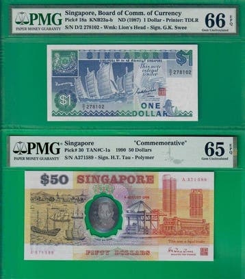 Singapour. - 2 banknotes - both graded - various dates -, Timbres & Monnaies, Billets de banque | Europe | Billets non-euro