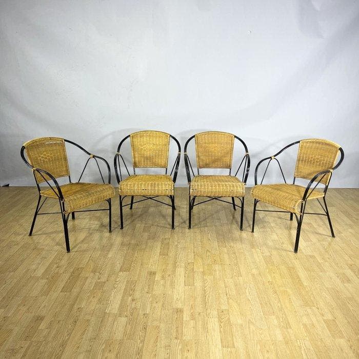 Stoel - Rattan, Smeedijzer - Set van vier vintage, Antiek en Kunst, Curiosa en Brocante