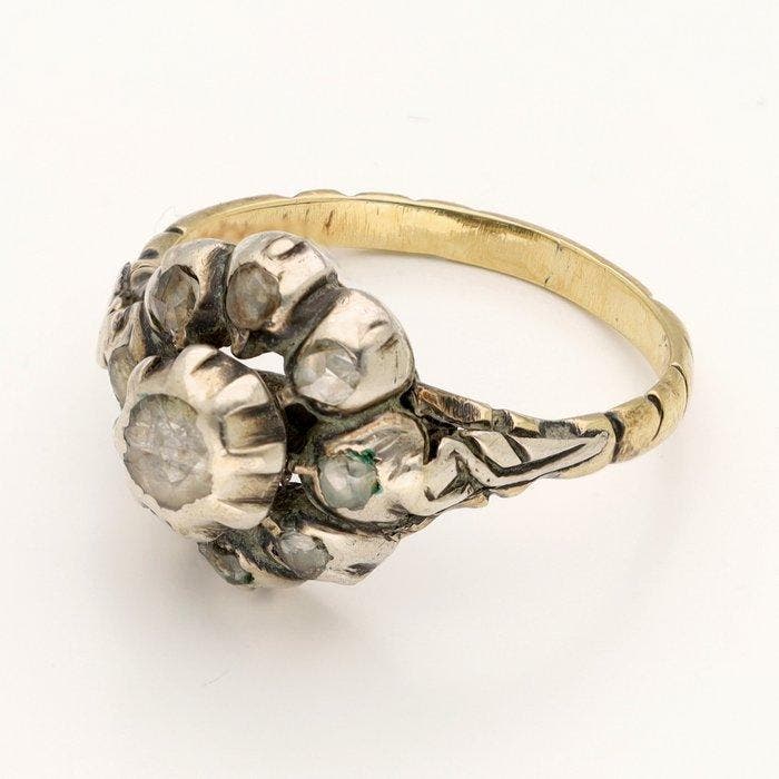 Ring - 14 karaat Geel goud Diamant (Natuurlijk) - Rozet -, Bijoux, Sacs & Beauté, Bagues