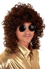Nozem Pruik Bruin Krullen Matje Mullet Rocker 80s Zwarte Cr, Ophalen of Verzenden, Nieuw