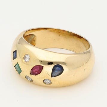 Bague - 18 carats Or jaune Saphir - Diamant - rubis/émeraude, Nieuw