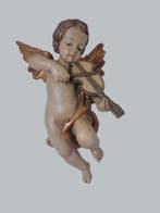 Snijwerk, Holzfigur - farbiger Engel mit Geige - Wandfigur -
