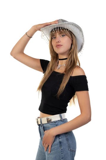 KIMU® Cowboyhoed Zilver Strass Steentjes Zwarte Cowgirl West, Ophalen of Verzenden, Nieuw