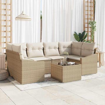 vidaXL Bankstel 7 st Beige en Crème poly rattan, Verzenden, Nieuw