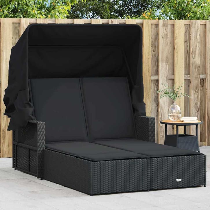 vidaXL Ligbed 2-persoons met luifel en kussens poly rattan, Tuin en Terras, Ligbedden, Nieuw, Verzenden