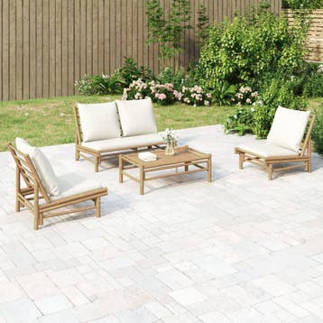 vidaXL 4-delige Loungeset met kussens bamboe crèmewit, Verzenden, Loungeset