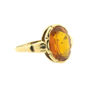 Gouden ring gezet met synthetische oranje edelsteen, Handtassen en Accessoires, Ringen, Gebruikt, Oranje, Ophalen of Verzenden
