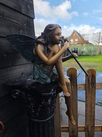 Beeld, Large Bronze Fairy with Flute - 56 cm - Brons, Antiek en Kunst