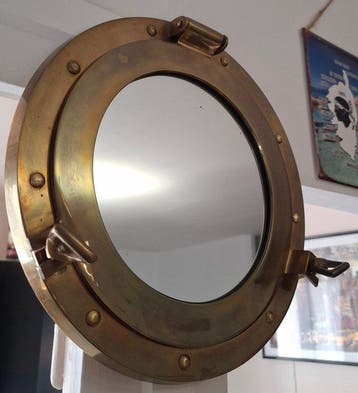 Spiegel - Glas, Messing - Hublot de marine, Antiek en Kunst