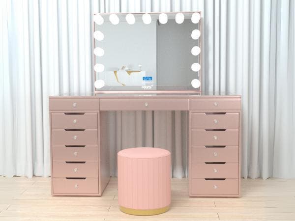 Veiling - Luxe kaptafel met verlichting - Roze - Incl. poef, Maison & Meubles, Tables | Coiffeuses