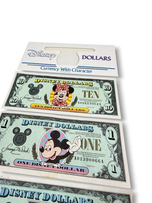 Disney Dollars. 1991 - 1998 - 3 Billets Disney Dollars et 1, Collections, Disney