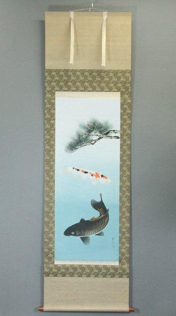 Set van 2 Japanse hangende scrolls met koi-karpers, zijde en
