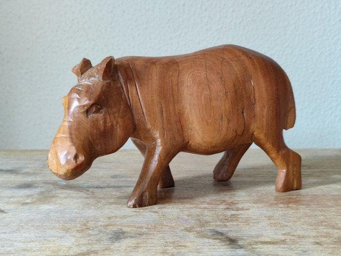 Sculpture, Large Handmade Wooden Hippo Mother with Child -, Antiek en Kunst, Curiosa en Brocante