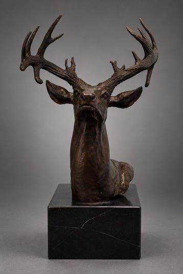 sculptuur, Groot bronzen XXL hertensculptuur met imposant