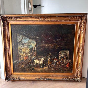 Hollandse School (XX) - Levendig ruitertafereel bij herberg, Antiek en Kunst