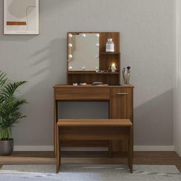 vidaXL Kaptafelset met LED-verlichting bewerkt hout bruin, Verzenden, Nieuw
